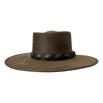 A brown wide-brim fedora hat with a black band decorated with silver-toned conchos, shown against a plain white background.