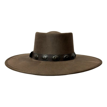 A brown wide-brimmed cowboy hat with a dark band around the crown featuring decorative silver-toned conchos, shown against a plain white background.