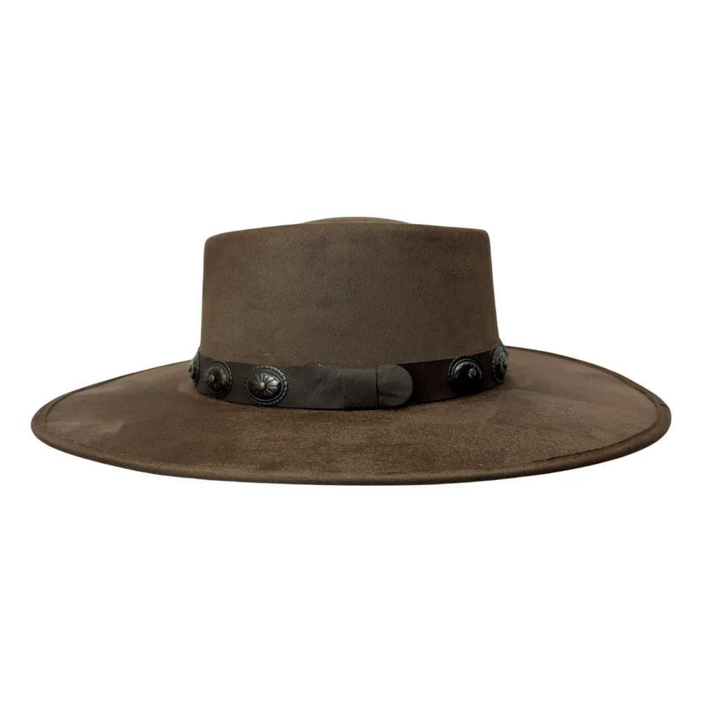 A brown wide-brim fedora hat with a dark band and decorative metal buttons, shown against a plain white background.