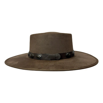 A brown wide-brim fedora hat with a dark band and decorative metal buttons, shown against a plain white background.
