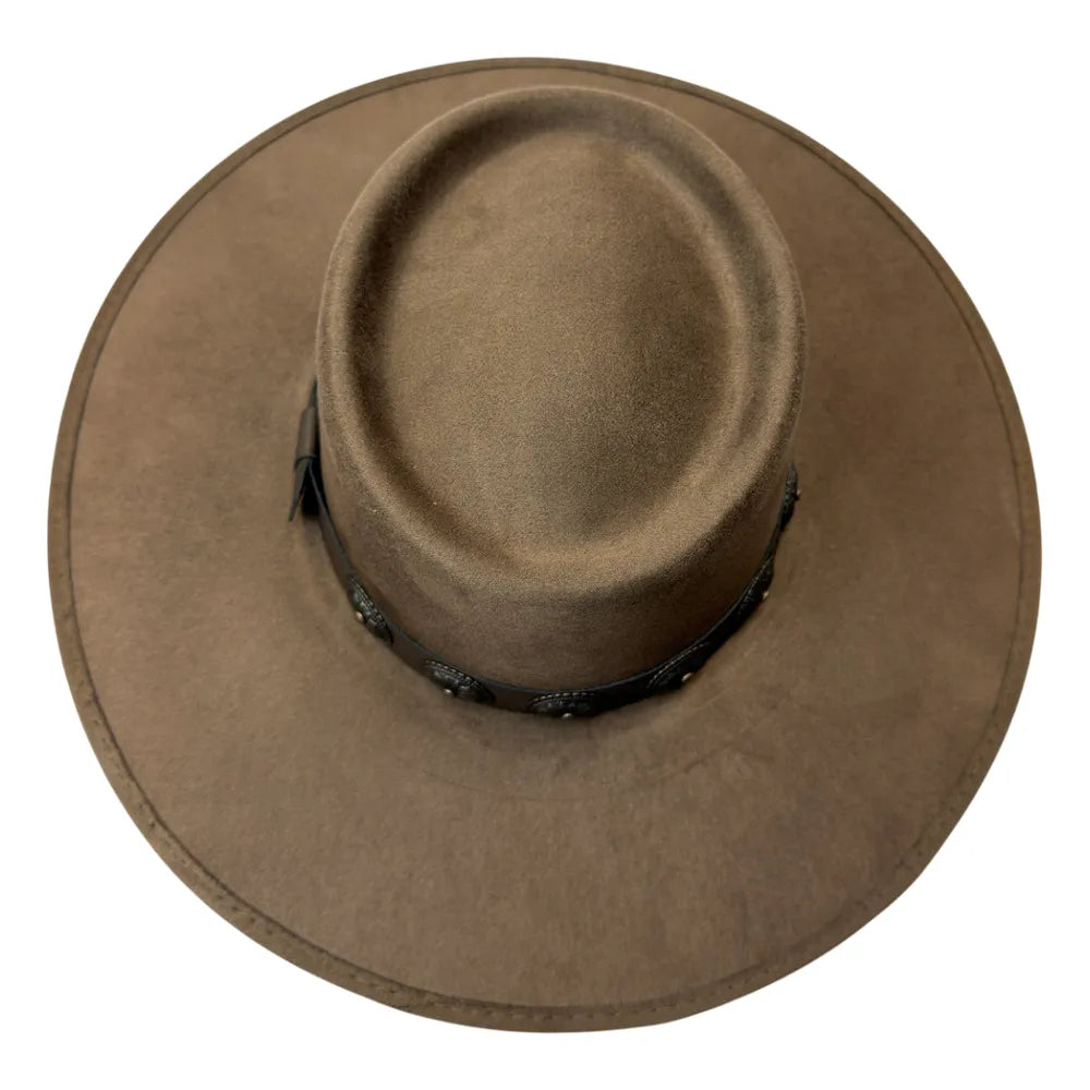 A wide-brimmed brown felt hat with a black band decorated with small silver-toned studs, shown from a top-down view on a white background.