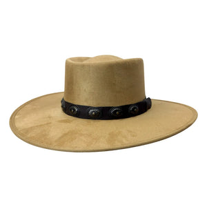 A tan cowboy hat with a black band decorated with silver conchos, shown against a plain white background.
