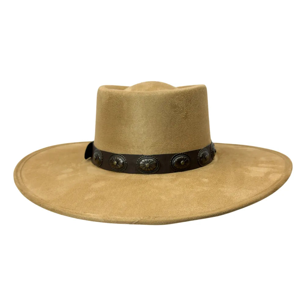 A light tan cowboy hat with a wide brim and a dark brown band decorated with silver-toned conchos, shown against a plain white background.