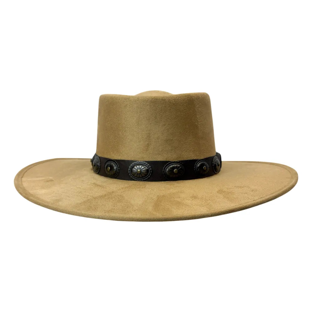 A tan wide-brimmed cowboy hat with a black band decorated with silver conchos, shown against a plain white background.