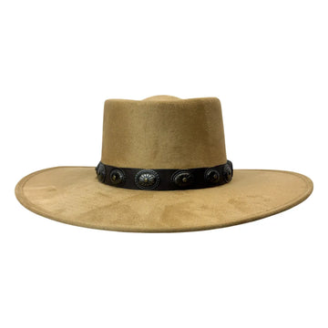 A tan wide-brimmed cowboy hat with a black band decorated with silver conchos, shown against a plain white background.