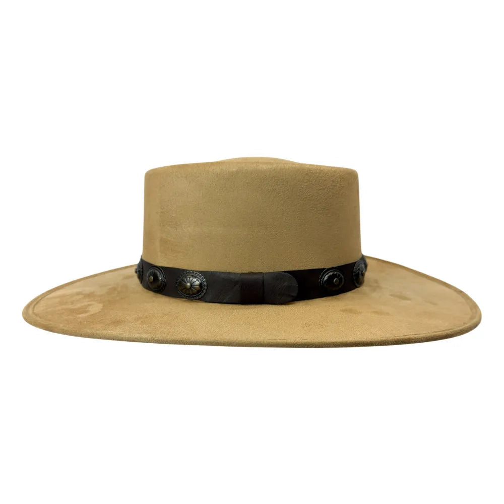 A tan wide-brimmed hat with a black band featuring decorative silver-toned studs, shown against a plain white background.