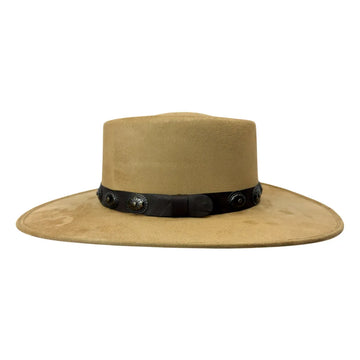 A tan wide-brimmed hat with a black band featuring decorative silver-toned studs, shown against a plain white background.