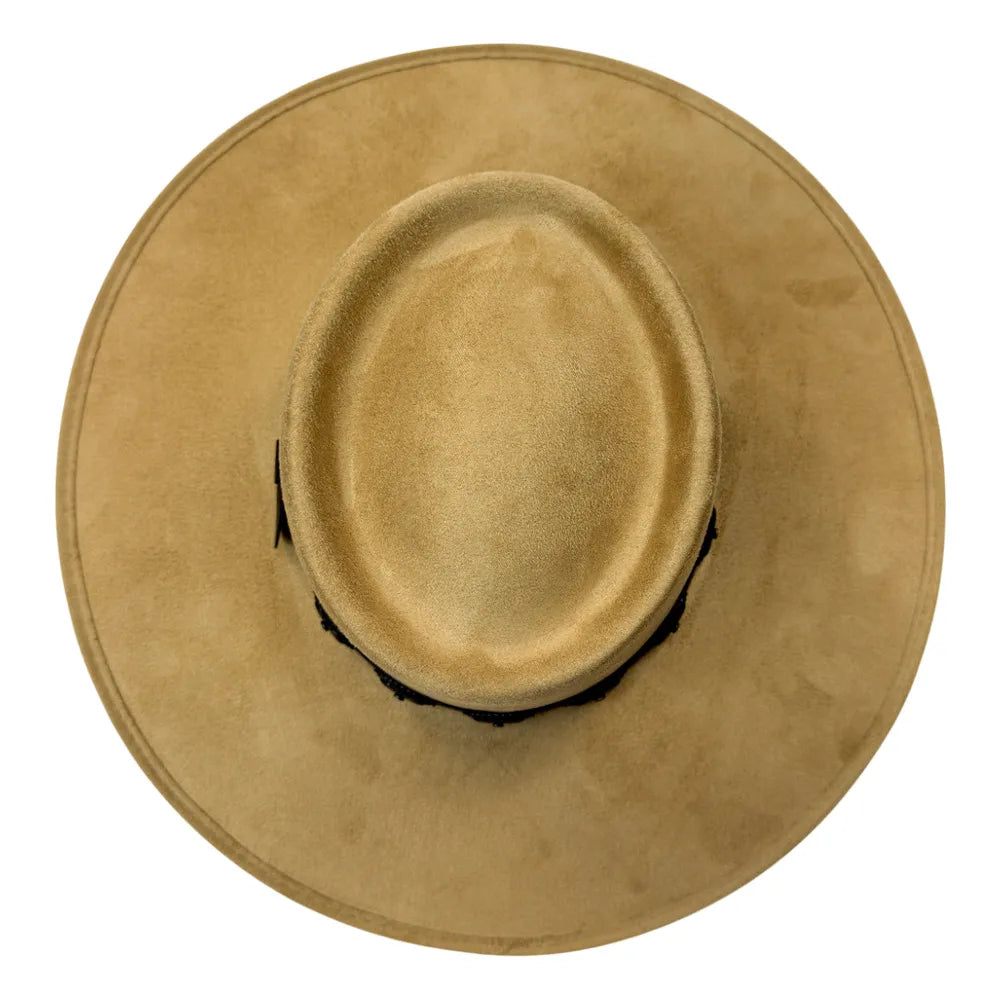A top-down view of a light tan suede cowboy hat on a solid white background.
