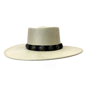 A light beige wide-brimmed cowboy hat with a black band decorated with silver conchos, shown against a plain white background.