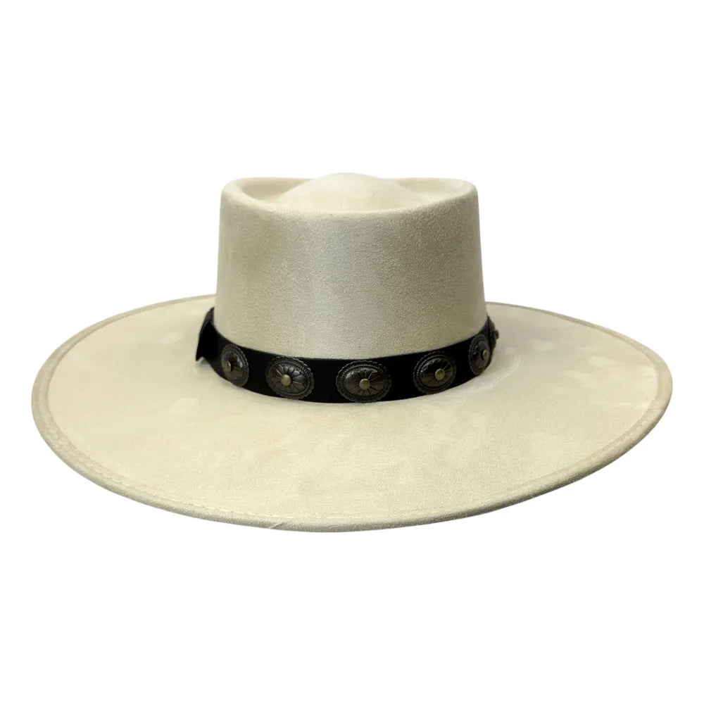 A light beige wide-brimmed cowboy hat with a black band decorated with silver-toned conchos, shown against a plain white background.