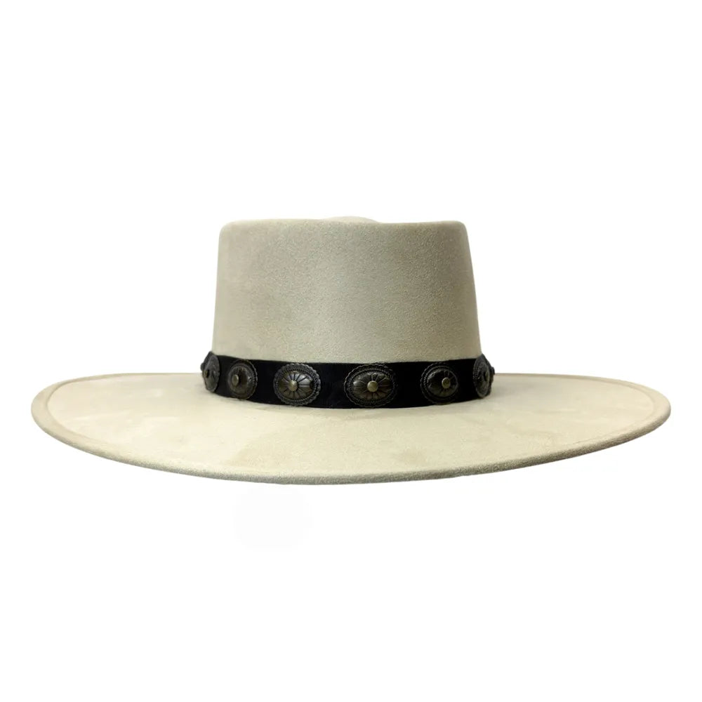 A light beige wide-brimmed cowboy hat with a black band decorated with silver conchos, shown against a plain white background.