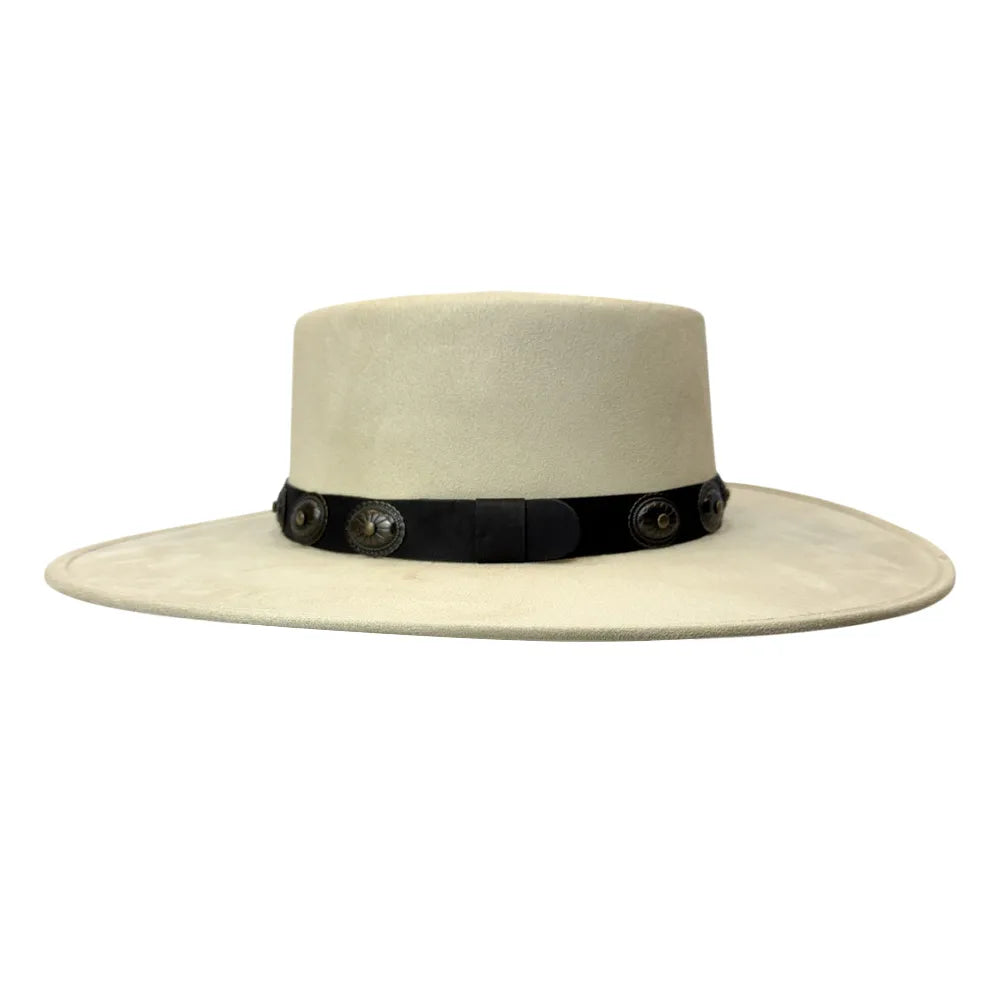 A light beige wide-brim fedora hat with a black band around the crown featuring decorative metallic studs, shown against a plain white background.