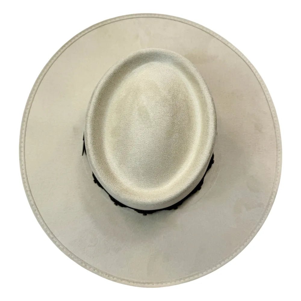 A top-down view of a light beige wide-brim fedora hat with a black band detail at the base of the crown, isolated on a white background.