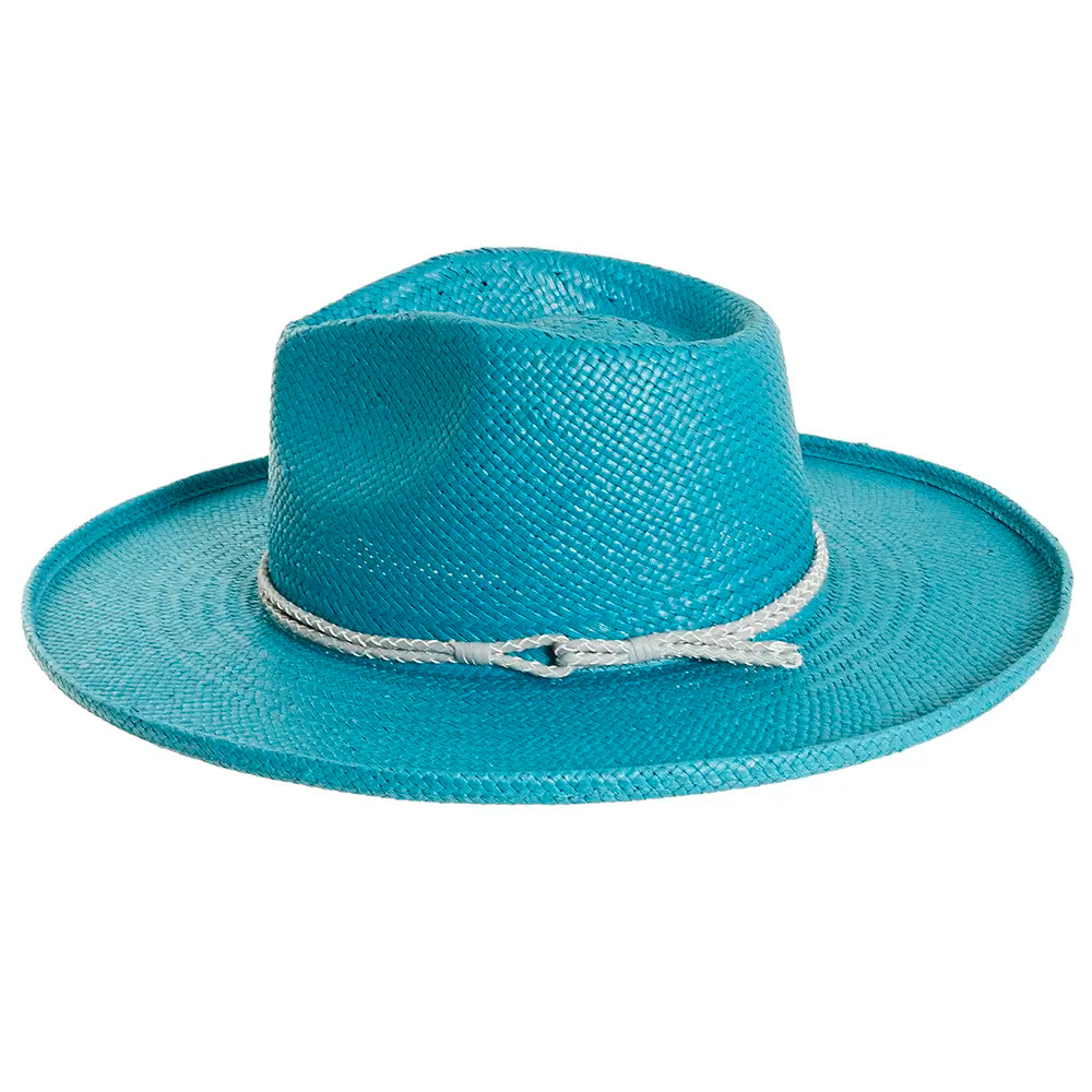 Blue straw hat with a rope band on a white background