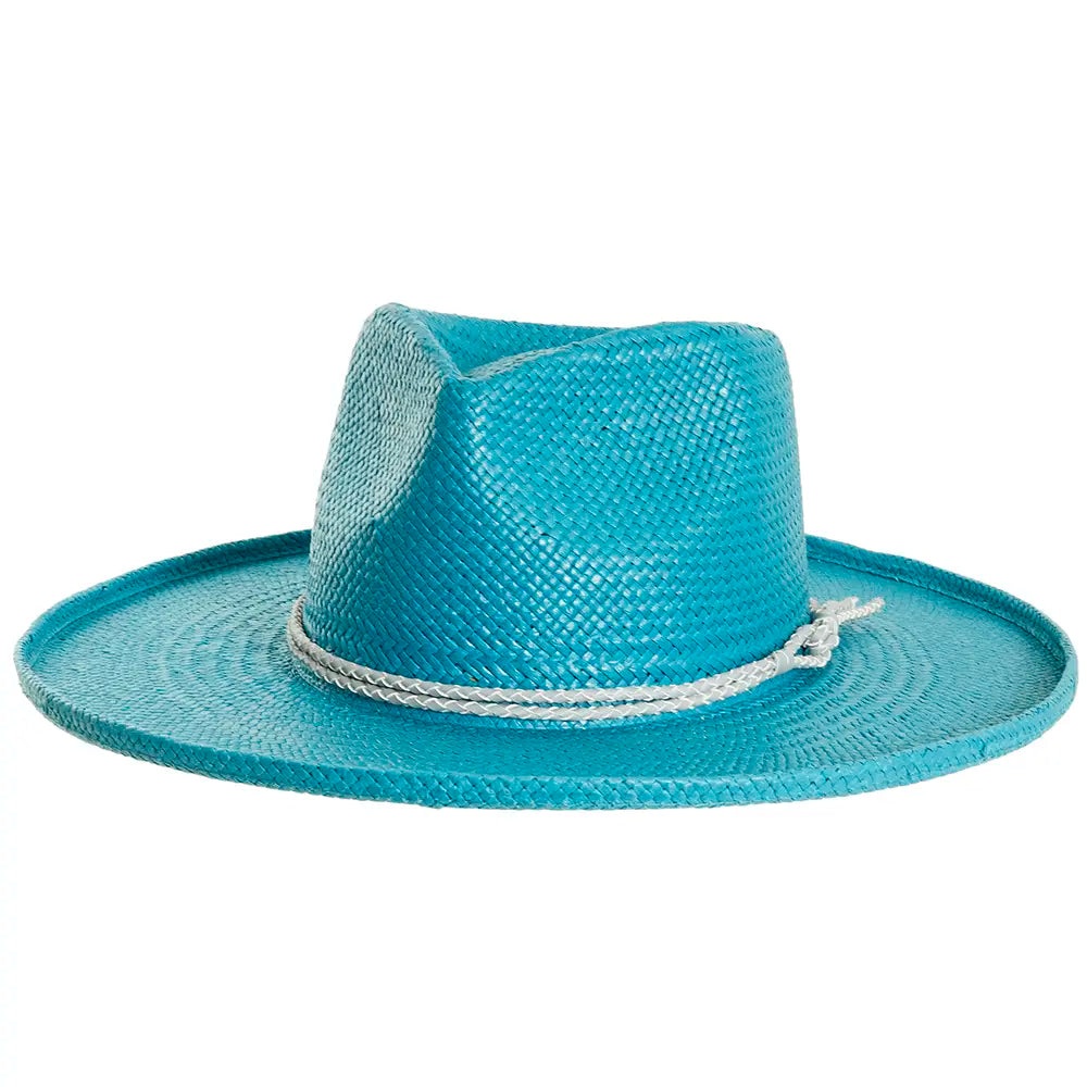 Blue straw hat with a white band on a white background
