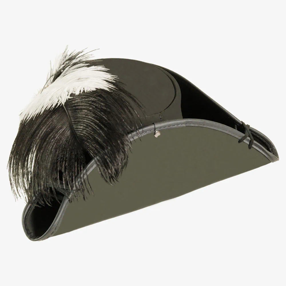 Barbossa | Mens Black Leather Tricorn Hat with Feather Plume