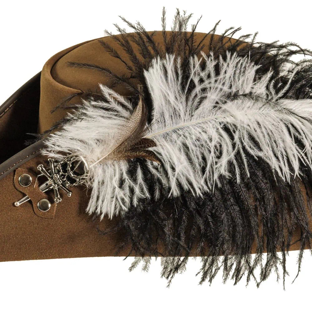 Barbossa | Mens Brown Leather Tricorn Hat with Feather Plume