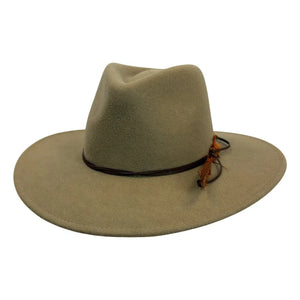 Camel felt fedora hat with a thin dark leather band and feather accent.