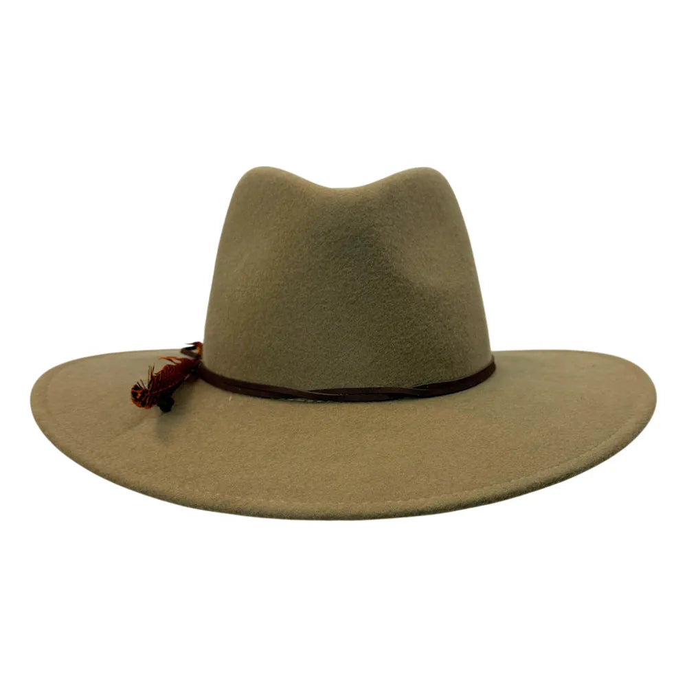 A wide-brimmed felt hat in a muted khaki-tan color, featuring a dark brown band with a small decorative brown feather accent on the left side, set against a plain white background.