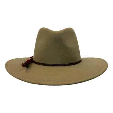 A wide-brimmed felt hat in a muted khaki-tan color, featuring a dark brown band with a small decorative brown feather accent on the left side, set against a plain white background.