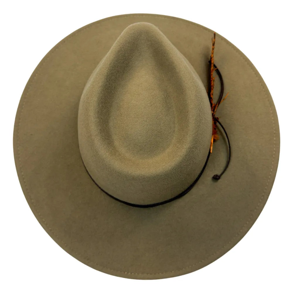 A wide-brimmed felt cowboy hat in a light tan color, featuring a black rope band and a decorative brown and orange feather accent on the side, set against a plain white background.