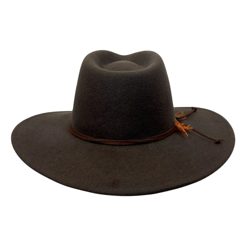A dark brown felt wide-brimmed cowboy hat with a brown leather band and a small orange decorative accent, shown against a plain white background.