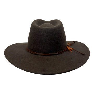 A dark brown felt wide-brimmed cowboy hat with a brown leather band and a small orange decorative accent, shown against a plain white background.