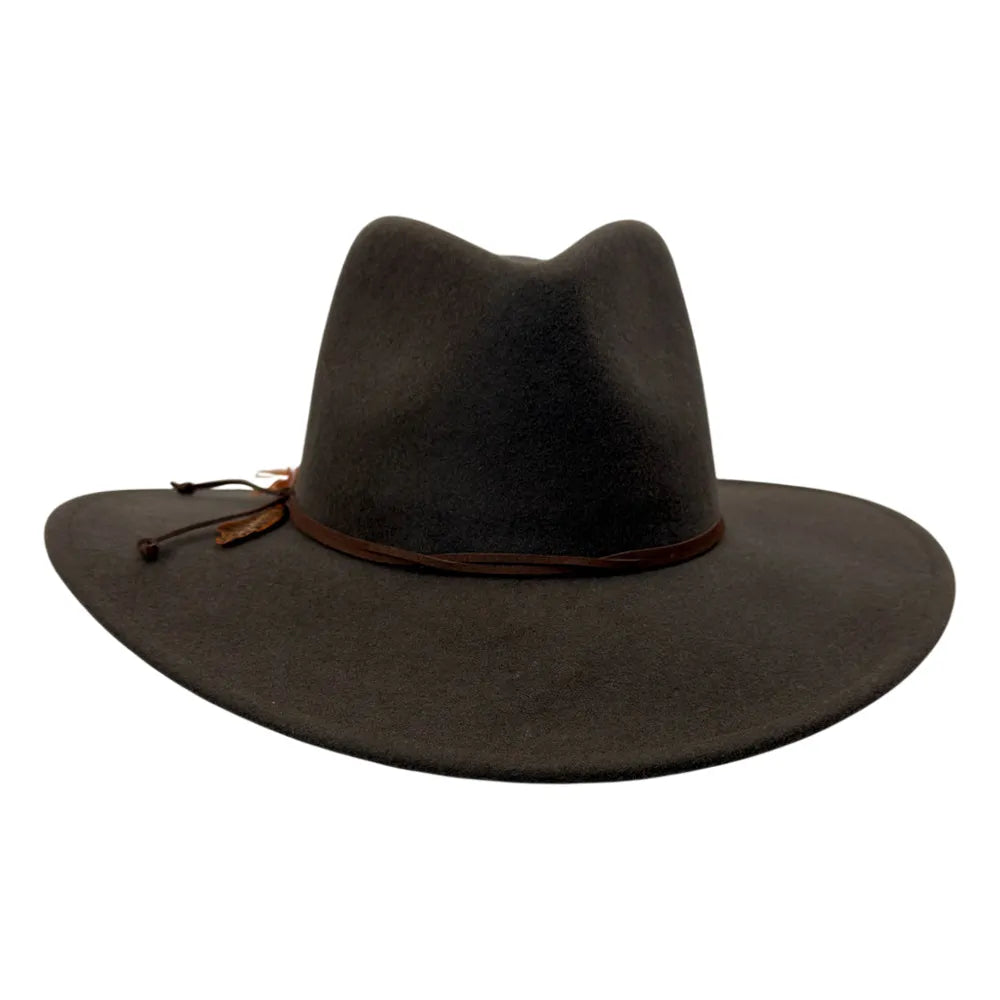 A dark brown felt cowboy hat with a brown leather band and a small leather tie detail, shown from the side against a plain white background.