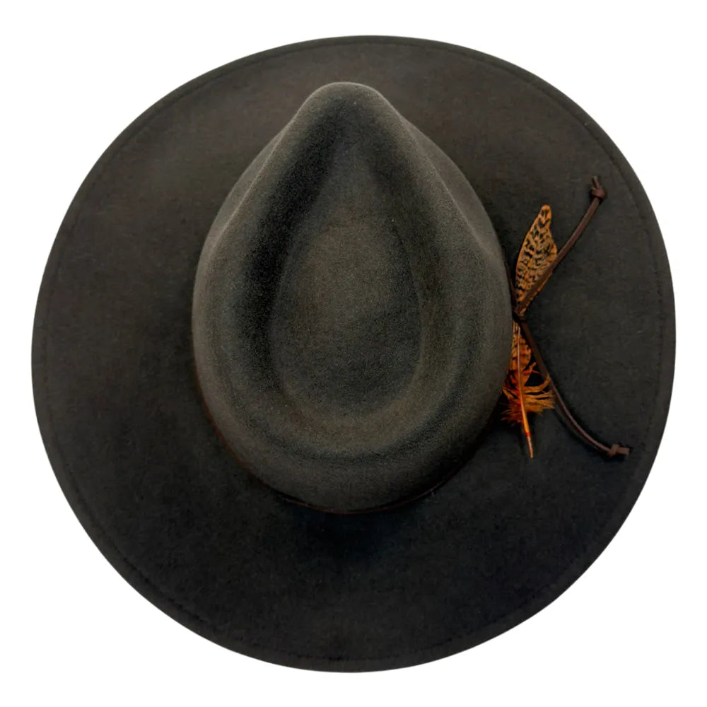 A dark charcoal gray felt cowboy hat with a feather accent, shown from a top-down view on a white background.