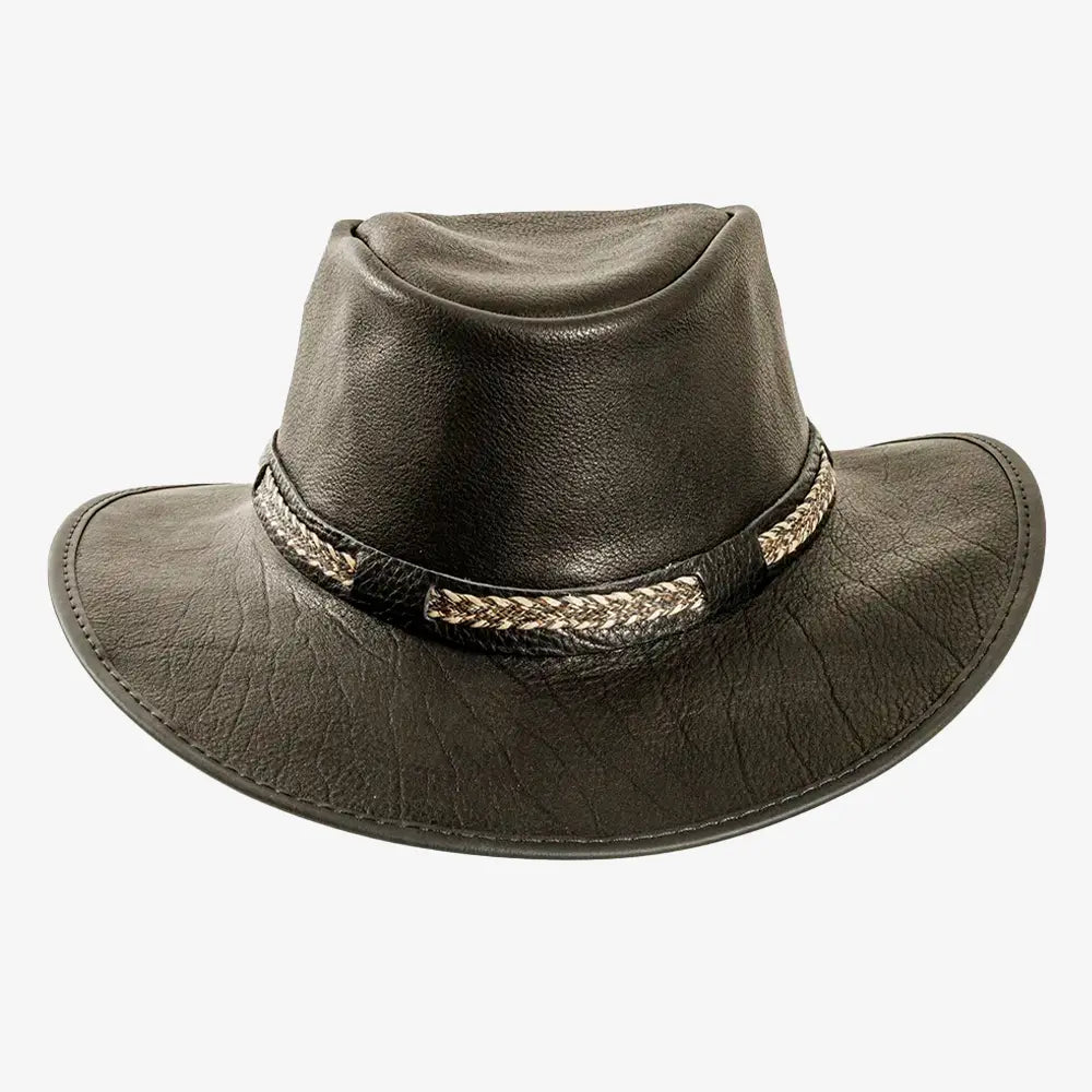 Bison | Mens Black Bison Leather Packable Outback Hat