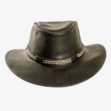 Bison | Mens Black Bison Leather Packable Outback Hat
