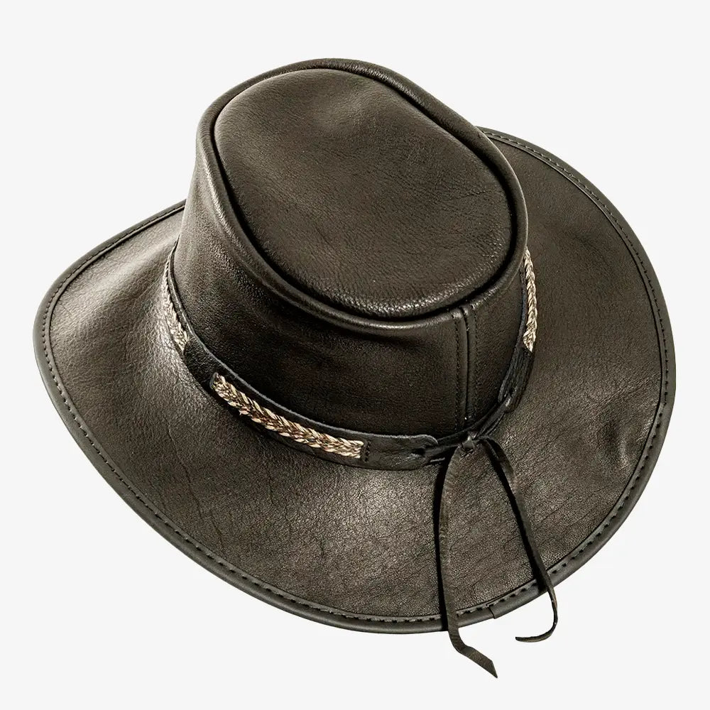 Bison | Mens Black Bison Leather Packable Outback Hat