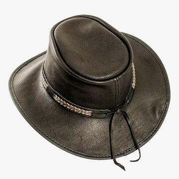 Bison | Mens Black Bison Leather Packable Outback Hat
