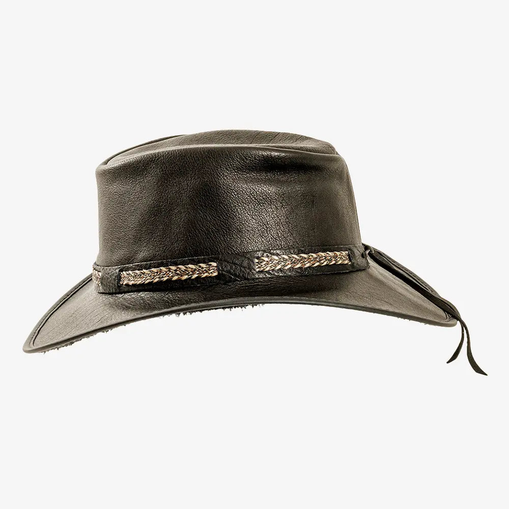 Bison | Mens Black Bison Leather Packable Outback Hat