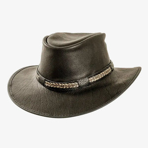 Bison | Mens Black Bison Leather Packable Outback Hat