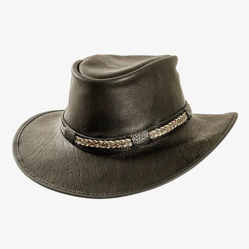 Bison | Mens Black Bison Leather Packable Outback Hat