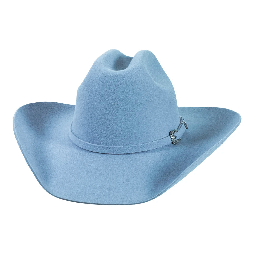 Light blue cowboy hat with a decorative band on a white background