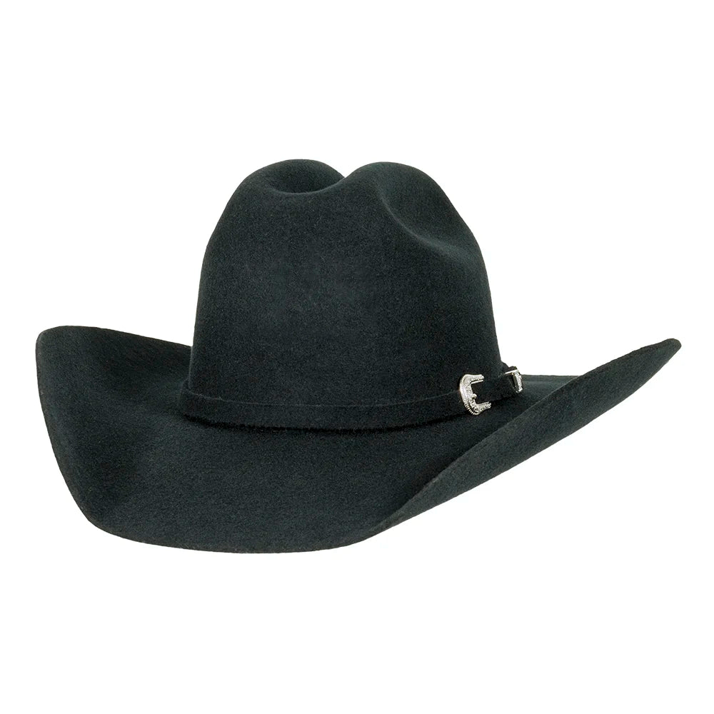 Black cowboy hat with a belt buckle on a light gray background