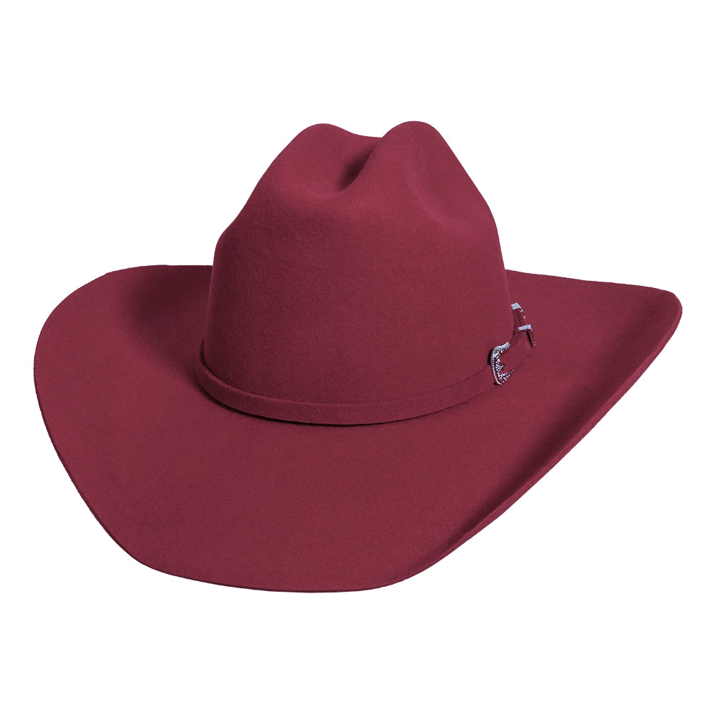 Maroon cowboy hat with a brand logo on a white background