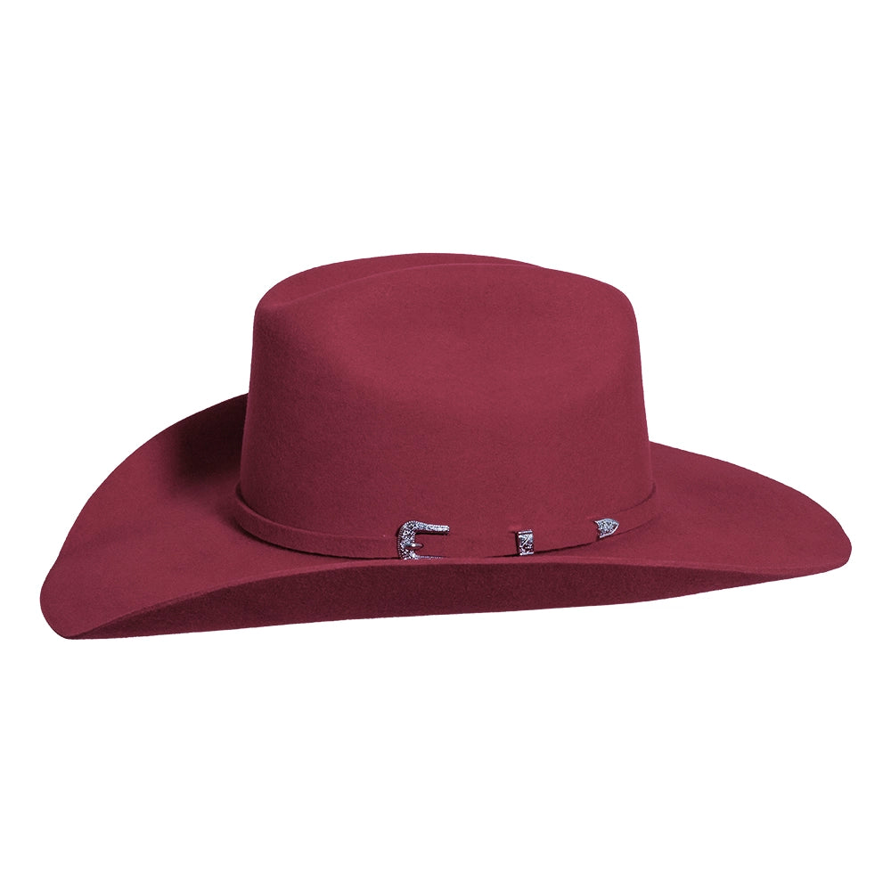 Maroon cowboy hat with a band on a white background
