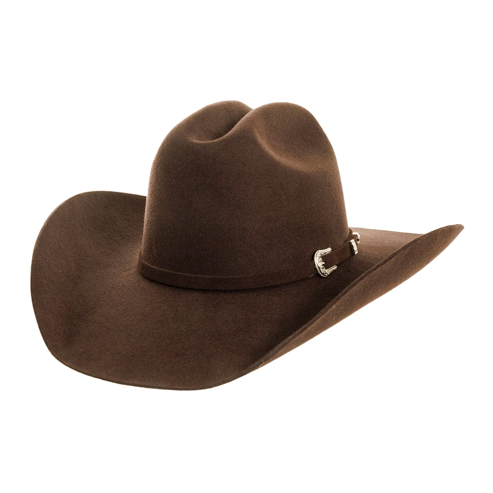 Brown cowboy hat with a decorative band on a white background
