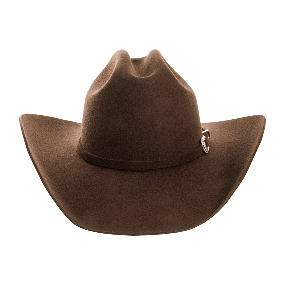 Brown cowboy hat with a decorative band on a white background