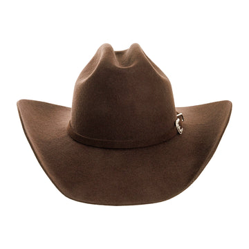 Brown cowboy hat with a decorative band on a white background
