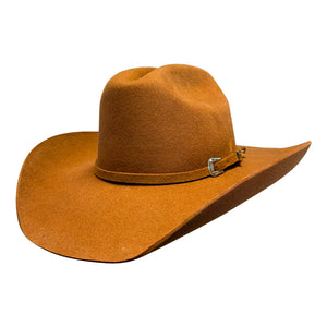 Brown cowboy hat with a decorative band on a white background