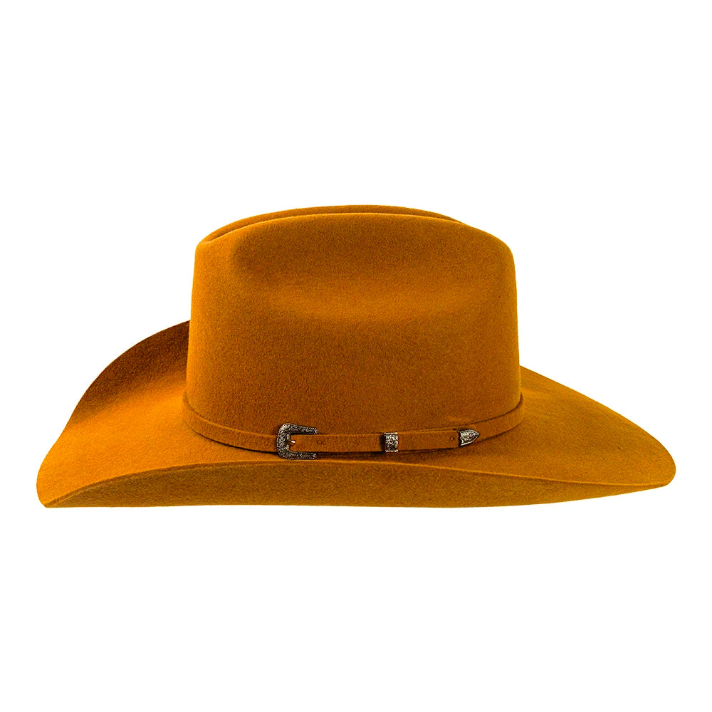 Mustard yellow cowboy hat with a buckle on a white background