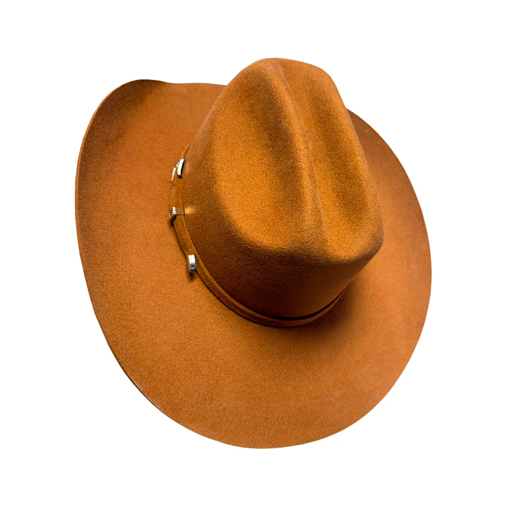 Brown fedora hat with a wide brim on a white background