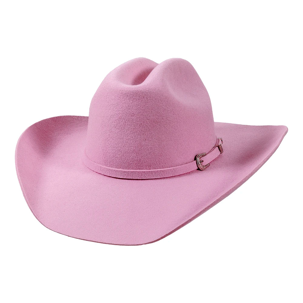 Pink cowboy hat with a buckle on a white background