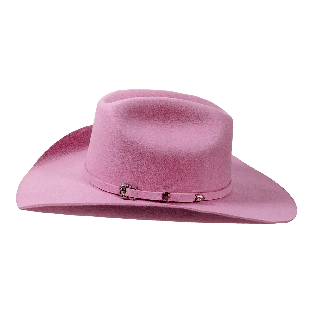 Pink cowboy hat with a band on a white background