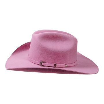 Pink cowboy hat with a band on a white background