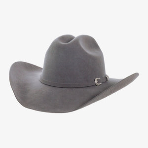 Gray cowboy hat with a band on a white background